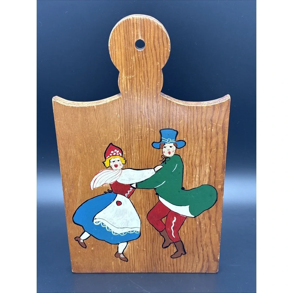 Vintage Scandinavian Folk Art Hand-Painted Wooden Cutting Board Dancing Couple